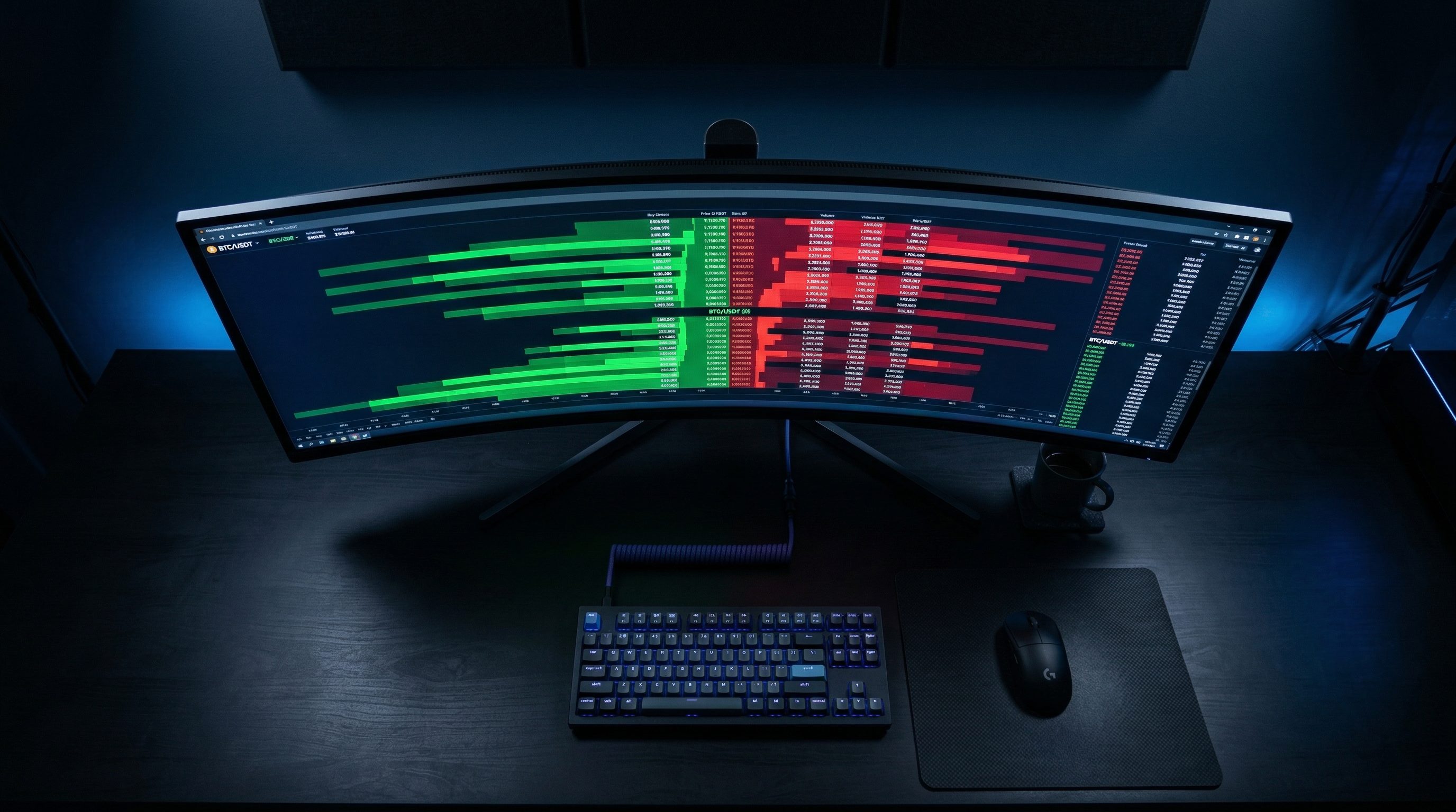Close-up of crypto trading dashboard displaying orderbook heatmap with green bids and red asks