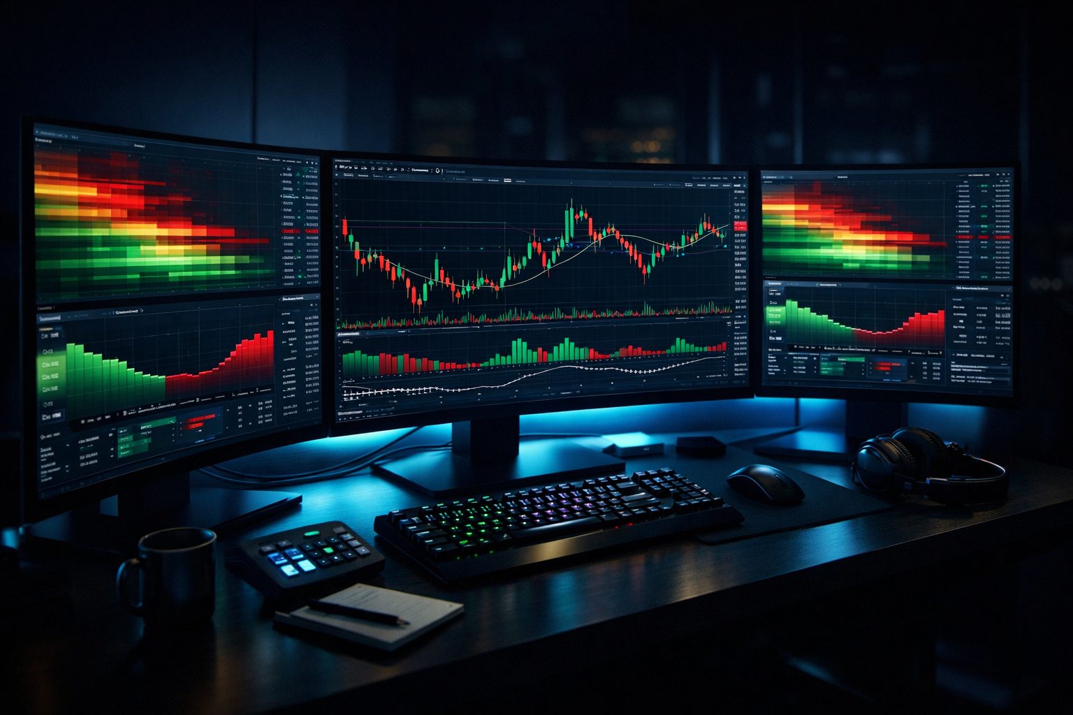 Professional crypto trading setup with multiple monitors displaying orderbook heatmaps and trading charts